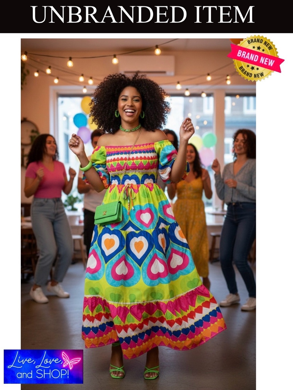 DRESS: Vibrant Colorful Multi-Print Off Shoulder, A-line Dress, EUC